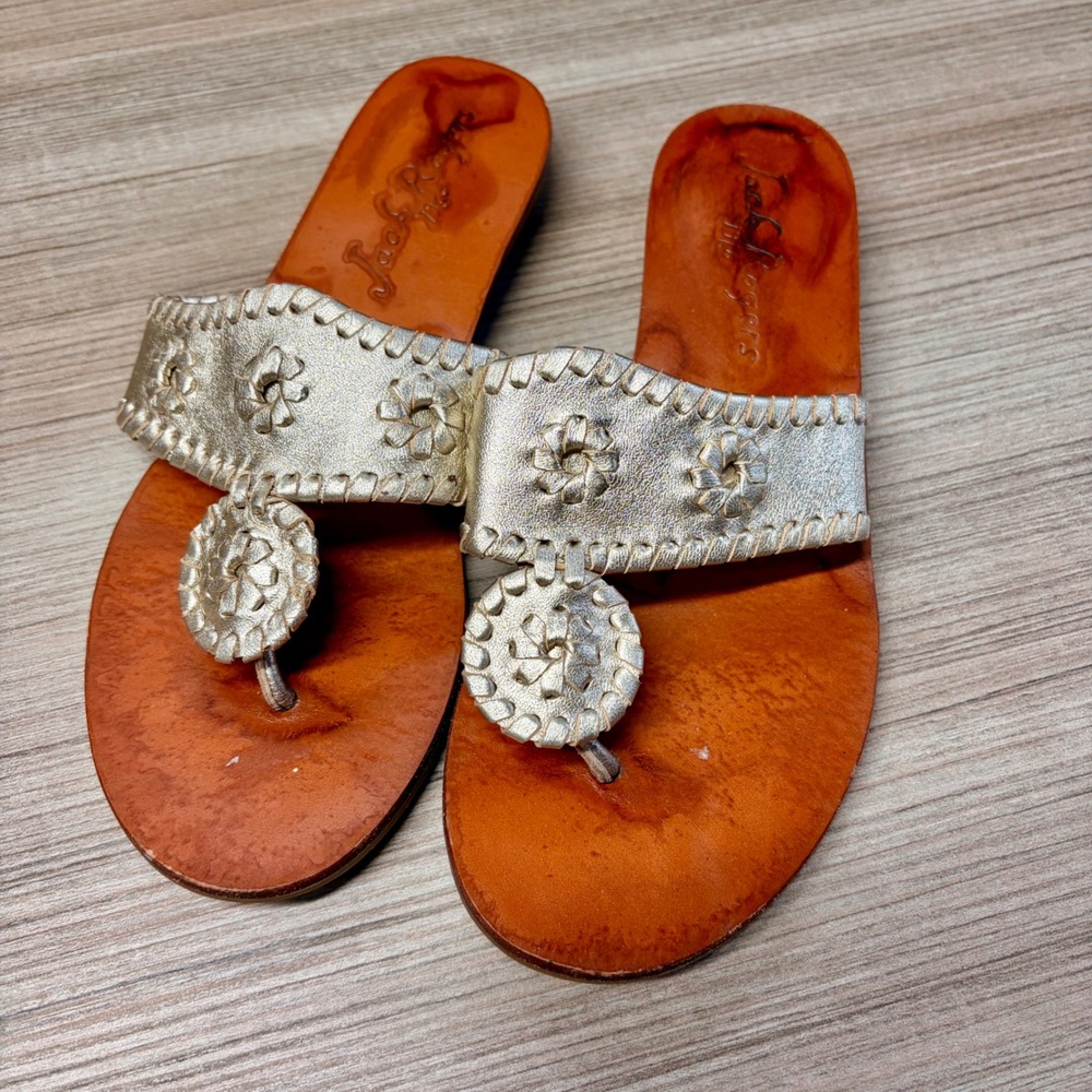 Jack Rogers Gold Palm Beach Low Wedge Sandals Preppy Boho Festival Cottage 6.5